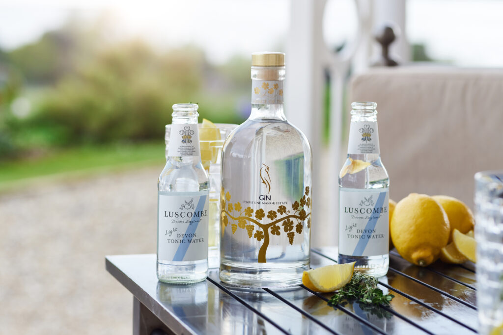 Bottle of Lympstone Manor Gin with Tonic served with lemon on the terrace.