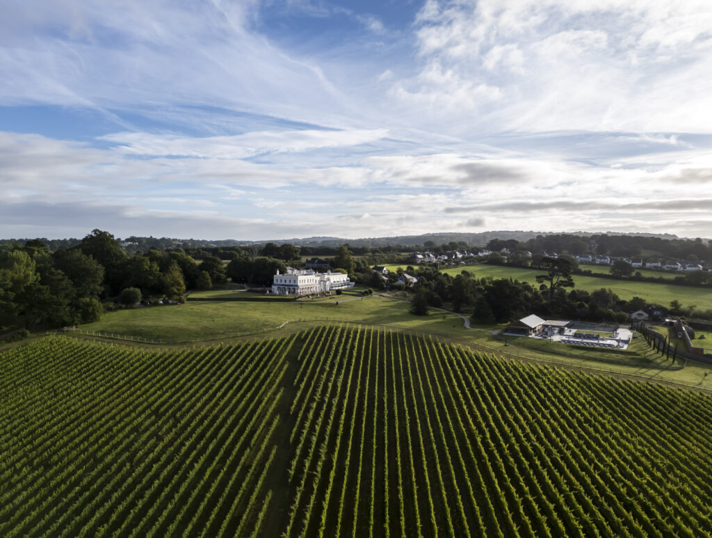 Panoramic view of Lympstone Manor Estate including the Manor House, vineyard and Pool House