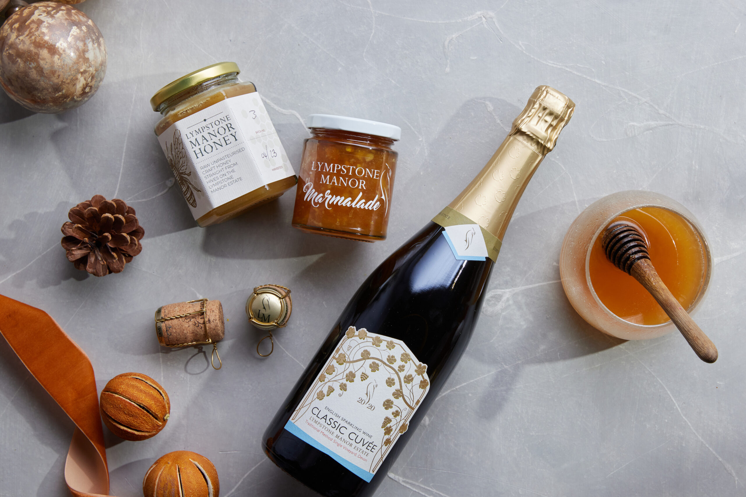 Christmas Gifts from Lympstone Manor Estate including honey, marmalade and a bottle of cuvee sparkling wine